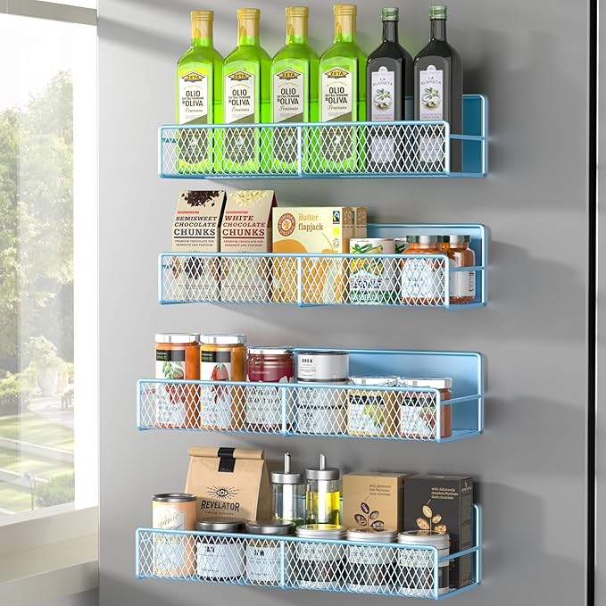 DTUQYX Magnetic Spice Rack for Refrigerator, 4 Pack 100% Metal Strong Magnet Fridge Shelves, Space Saving Spice Organizer, No Drilling Moveable Home Kitchen Laundry Room Storage Organization, Blue by DTUQYX