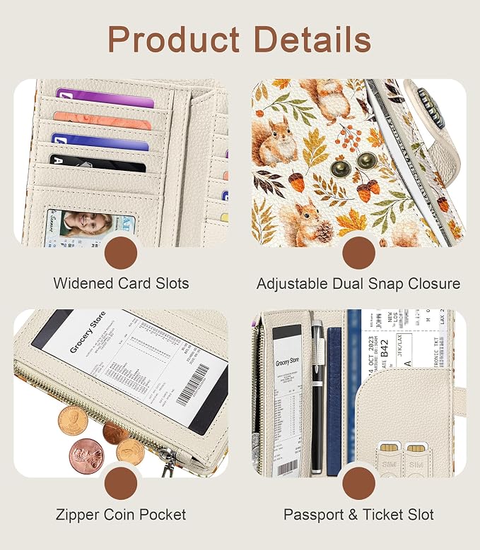Squirrel Wallet Women RFID Cute Passport Holder Credit Card Holder | 6.7" x 4.4" x 1.3" Bifold, Travel billfold, Zipper Pocket, PU Leather, Clutch, Purse, ID Window, Pen Holder, Gift Ladies Girl - Image 6