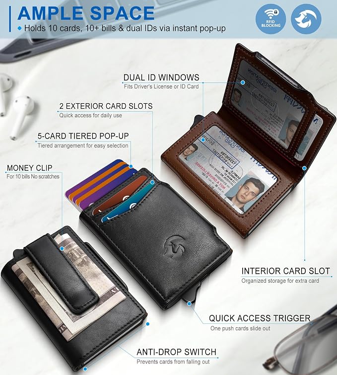 Wallet for Men, Slim Pop Up Card Holder with RFID Blocking, Minimalist Bifold Wallet with 10 Card Slots, 2 ID Window and Money Clip, Metal Flip Case with Magnetic Closure, Gift Box - Image 2