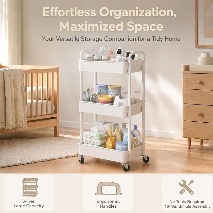 Laiensia 3-Tier Rolling Cart with Wheels,Multifunction Utility Storage Carts, Kitchen Storage Organizer,Mobile Shelving Unit for Bathroom,Laundry,with Classified Stickers,White (Pack of 2) - Image 3