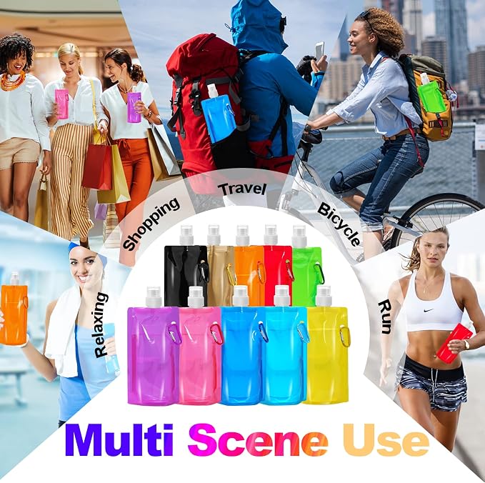 smilixin 10 Pack Collapsible Water Bottles,Collapsible Bag Water Bottles | Drinking Water Bags with Carabiner Clip,480ml Travel Water Bottle,Leak Proof,Reusable,BPA Free for Camping,Hiking Travel,Gym - Image 7