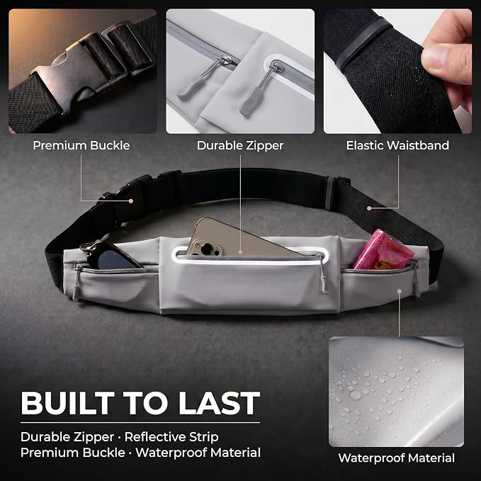 Running Belt for Women Men, Slim No-Bounce Waist Pack, Water Resistant Reflective Phone Holder Fits Phones up to 7.5 inch, Adjustable Fanny Pack for Running Jogging Hiking (Grey) - Image 6
