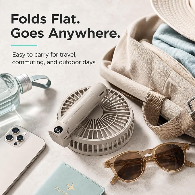 Quiet Handheld Camping Fan, Portable Fan Rechargeable, 12H Battery Life | 3000mAh battery powered hand held fan with USB-C charging, digital display, 4 speeds and quiet airflow for camping and travel - Image 8
