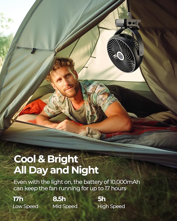 Koonie 8'' 10000mAh Portable Clip on Fan with LED Lantern and Hook | Battery Operated Desk Fan, Quiet Camping Fan with LED Digital Display, 360° Rotation & 3 Speeds for Travel Tent Gym Treadmill - Image 3