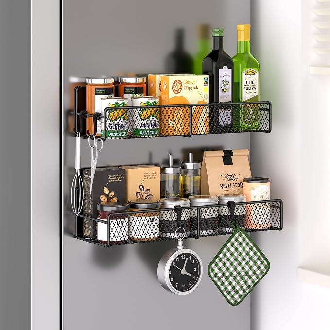 Magnetic Spice Rack for Refrigerator, 2 Pack Metal Magnetic Shelf Black, Moveable Spice Organizer with Hooks, Super Magnetic Fridge Shelf for Kitchen Organization and Storage by DTUQYX