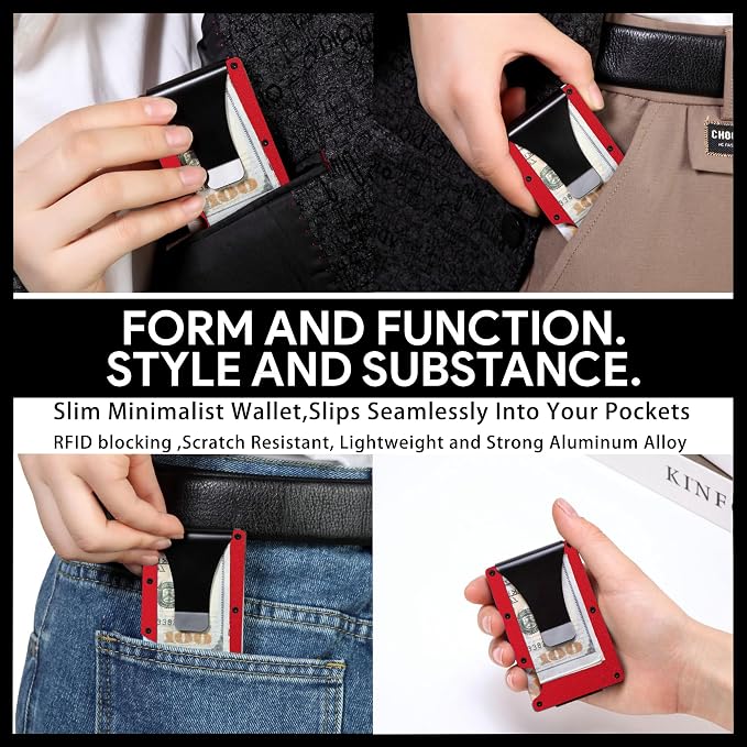 Slim Wallet for Men,RFID Blocking Minimalist Metal Wallet, Money Clip/Cash Holder, Front Pocket Aluminum Credit Card Holder, Ideal Gift for Men,Matte Red - Image 4