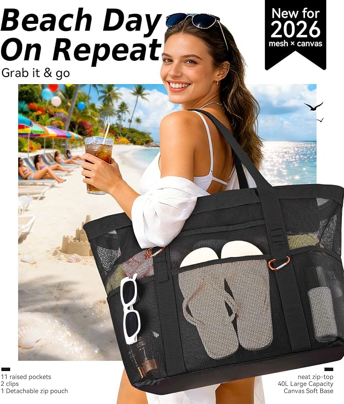 Chic Cruise Essentials Beach Bag for Women, Large Zip Top Tote, 11 Pockets | 40L+ Spacious;Mesh × Canvas;Zipper Pouch;Secure Zip-Top;Sand-Resistant Base - Image 2