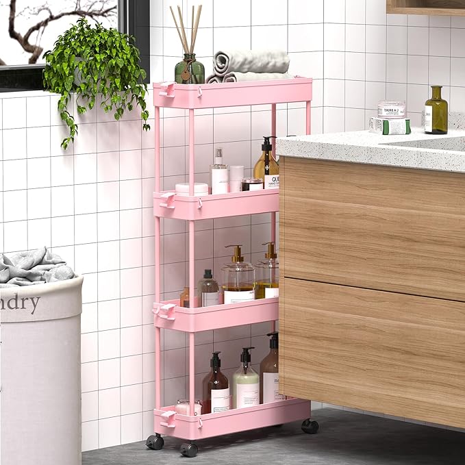 SPACEKEEPER Slim Rolling Storage Cart, 4 Tier Bathroom Cart Organizer, Pink | Narrow Rolling Cart with Wheels for Kitchen Office Bathroom Laundry Room,Mobile Utility Cart for Craft Art Makeup Nail Polish - Image 6
