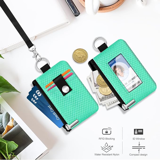 Minimalist RFID Blocking Small Wallet with ID Window,WaterResistant Zip Id Case Wallet with Lanyard Keychain for Cards,Cash,Travel,Women,Men (Mint Green) - Image 8