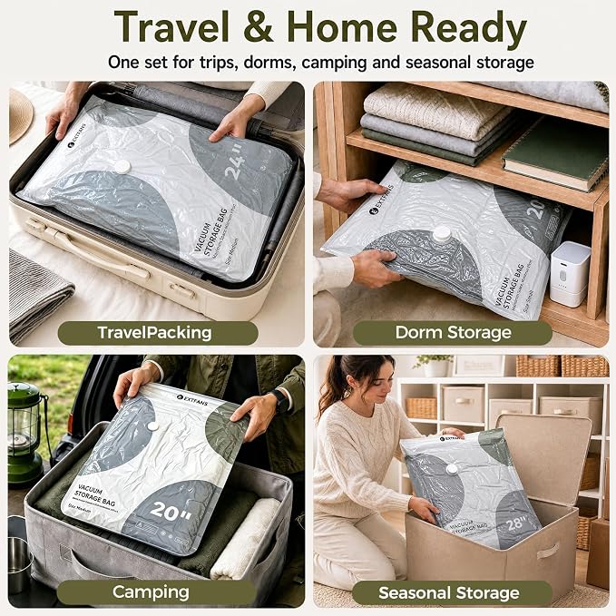 Travel Vacuum Bags with Electric Pump: 12 Pack XS/S/M/L Vacuum Seal Bags | up to 80% Space Saver Compression Packing Bags for Suitcase, Carry-On, Cruise, Dorm & Seasonal Storage - Image 9