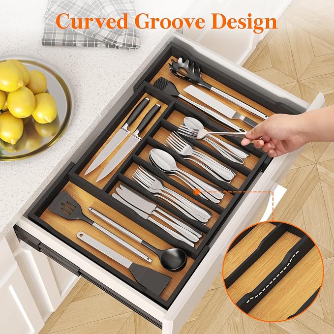 Lifewit Silverware Drawer Organizer, Wooden Utensil Tray for Kitchen | Expandable Flatware and Cutlery Holder, Adjustable Storage for Spoons Forks Knives, 13-22x15", Natural and Black - Image 7