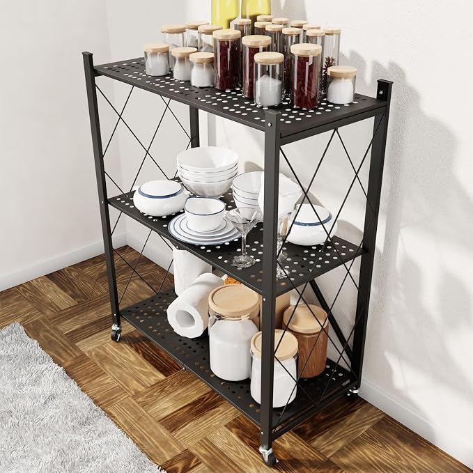 3 Tier Foldable Storage Shelf with Wheels Garage Shelving | Unit Loads 550 LBS, Metal Steel Collapsible Shelves, Rolling Standing Utility Rack for Kitchen, Pantry, Office, Black - Image 2