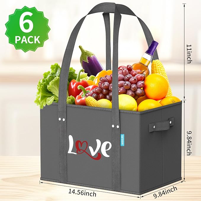 WISELIFE Reusable Grocery Bags 6 Pack Heavy Duty Foldable Shopping Tote Bags | 23L, with 11 inch Handles, Reinforced Bottom, Stand Up Stay Open, Waterproof, Foldable, Letter Print with Heart - Image 4