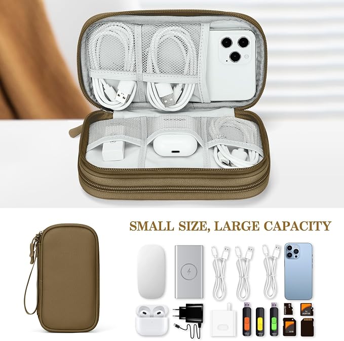 FYY Electronic Organizer, Travel Tech Pouch Bag, Cable Organizer Brown | Wrist Strap, Waterproof, Double Layers Portable Electronics Travel Carrying Case for Cord, Charger, Daily Business Trips Use - Image 6