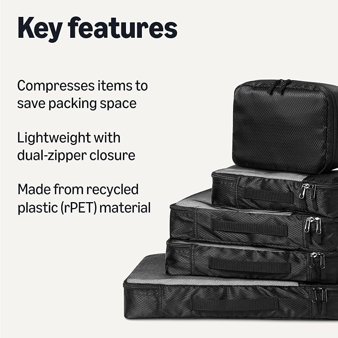 Amazon Essentials 8-Piece Packing Cubes Travel Accessories Set, Luggage Organiser with Double Zip, rPET Construction, Space-Saving Design, Black - Image 2