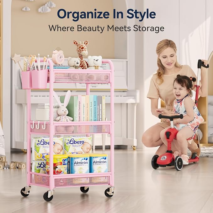 3 Tier Metal Rolling Cart, Pink Utility Storage Cart with Wheels | Metal Mesh Craft Cart With Hooks & Hanging Cups, Ideal For Kitchen, Bathroom, Office, Dorm, Art Workspace, Bedside Storage - Image 7