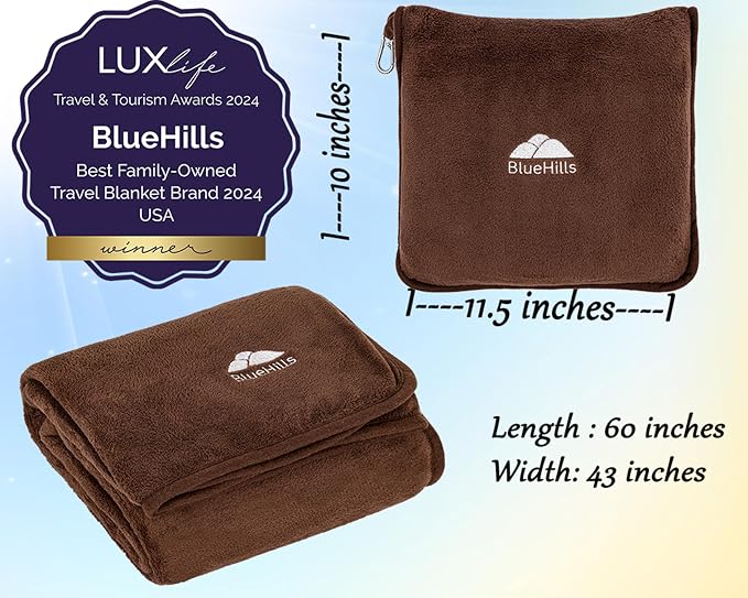 BlueHills Premium Soft Travel Blanket Pillow Air Plane Essentials - Brown | Travel Pillow/Blanket, Portable Flight Throw in Soft Bag Pillowcase, Lightweight Comfort, Luggage Strap, Airplane Essentials - Image 5