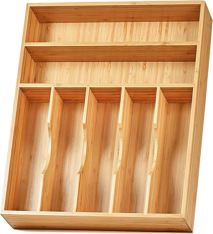 Kitchen Drawer Organizer, 12.5 Inch Silverware Utensil Tray Holder, Extra Deep, with Non-Slip Feet & Grooved Drawer Divider, 7 Slots Total Bamboo Wood Caddy for Flatware Cutlery Knives by Umilife
