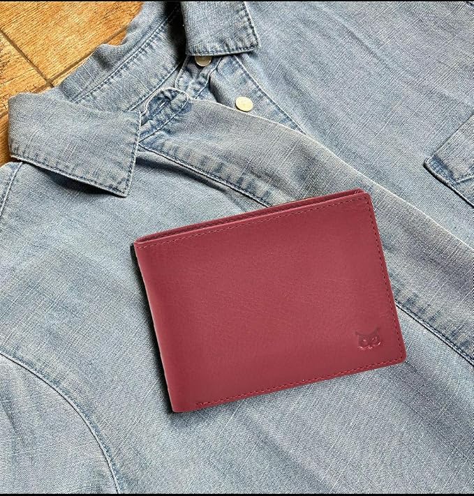 Real Leather Mens Bifold Wallet RFID Blocking Slim Minimalist Front Pocket - Thin & Stylish with ID Window in Gift Box (Nappa, Red) - Image 5
