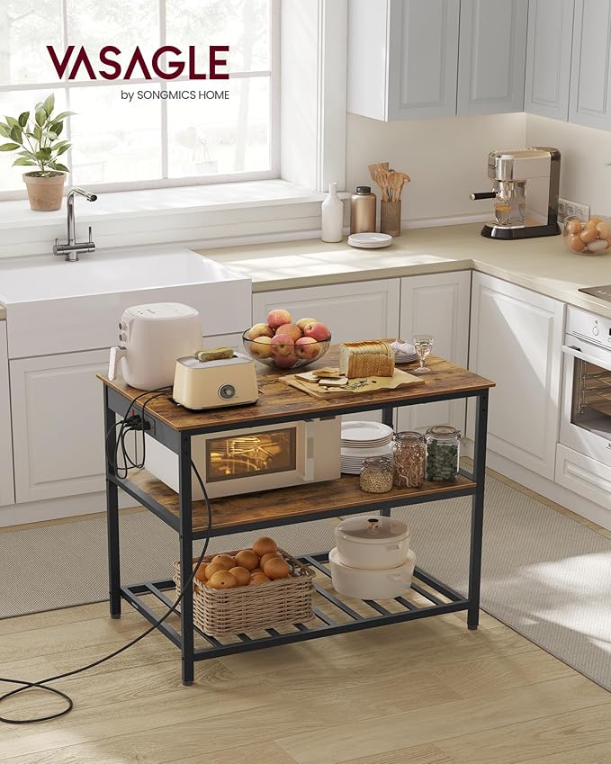 VASAGLE Kitchen Island with 3 Shelves, 39.4 Inches Width Kitchen Shelf with Power Strip, Large Worktop, Stable Steel Structure, Industrial, Easy to Assemble, Rustic Brown and Black UKKI105K01 - Image 2