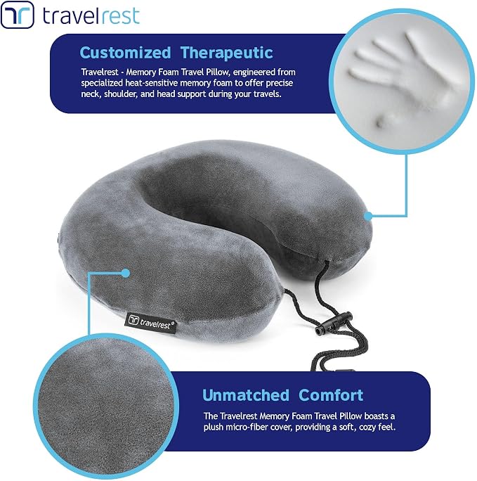 TRAVELREST Curl Neck Pillow Travel Essentials - Memory Foam Support - Grey | Breathable, Compact, Soft and Comfortable Design, Head & Shoulder Support For Long Flight Travel, Lightweight Washable Cover - Image 2