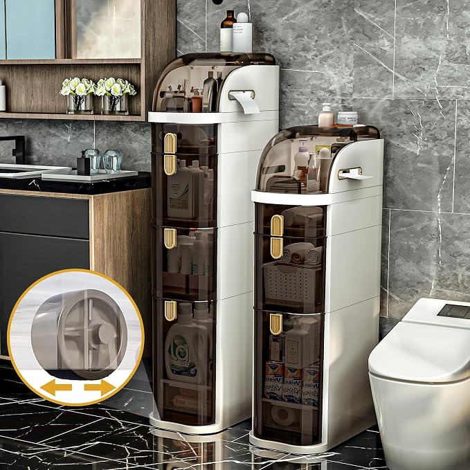 3-Tiers Slim Bathroom Storage Cabinet with Drawers & Tissue Box | Plastic Narrow Rolling Bathroom Tower Cart Waterproof & No Installation for Small Spaces Kitchen Laundry Living Room by IYINIYI