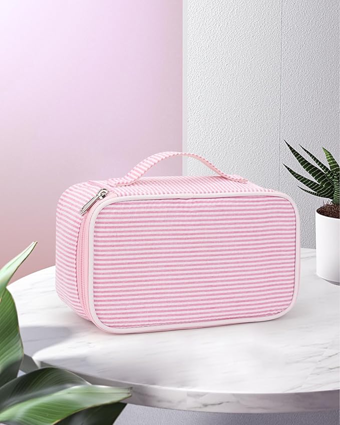 Relavel Pink Makeup Bag, Dual-Layer Cute Travel Cosmetic Bag, Pink Strip | Multi-Functional Small Toiletry Organizer with Make Up Brush Compartment, Travel Bag for Preppy Accessories for Daily Use - Image 7