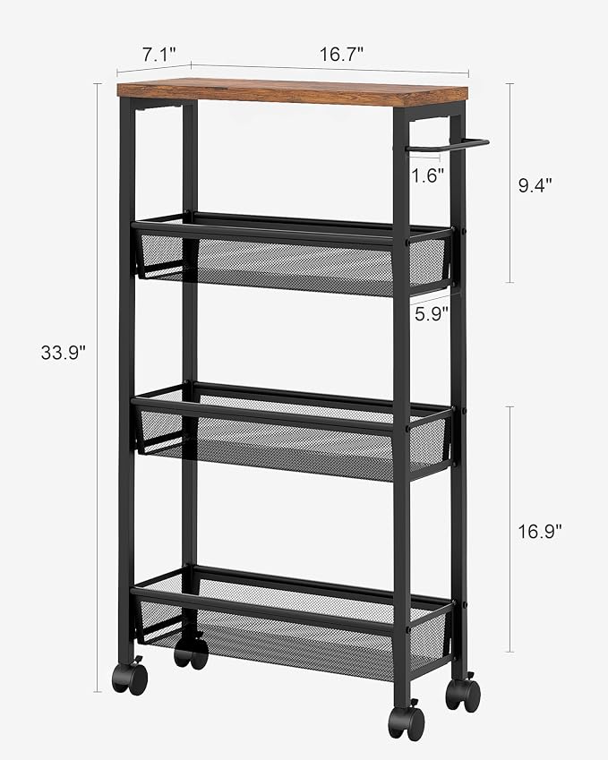 VECELO 4 Tier Slim Rolling Cart Organizer, Rolling Carts On Wheels with Storage, Sturdy Metal Frame Narrow Cart with Handle, Space Saving for Kitchen, Bathroom, Laundry, Rustic Brown - Image 2