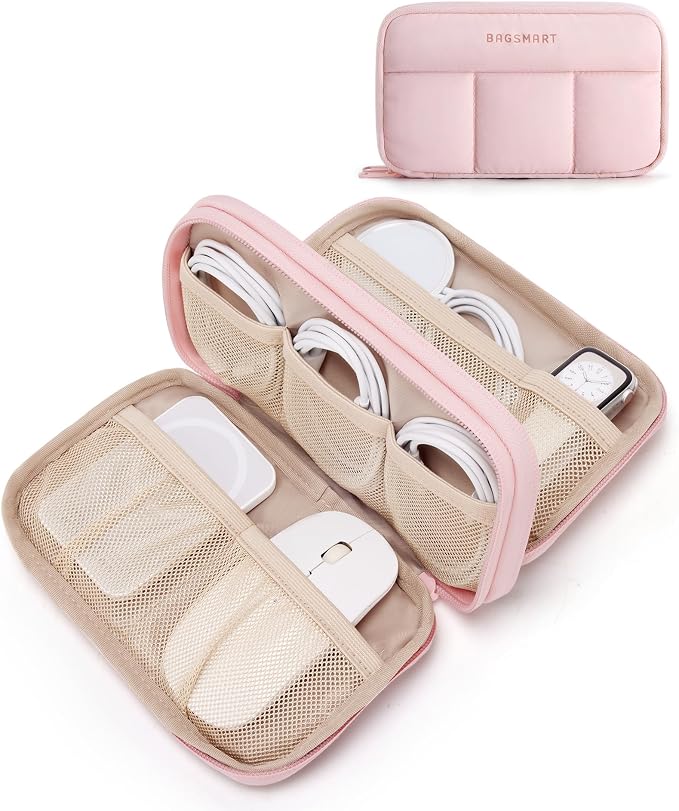 BAGSMART Electronics Organizer Travel Case for Cords Chargers Phones, Pink | Puffy Padded, Travel Essentials, Cord organizer bag for Cables, Compact Tech Accessories Pouch by BAGSMART