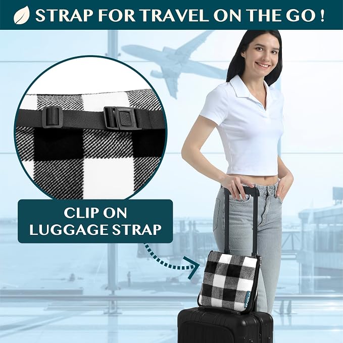 PAVILIA Travel Blanket Pillow, Soft Airplane Blanket 2-in-1 Combo Set, Plane Blanket Compact Packable, Flight Essentials Car Pillow, Travelers Gifts Accessories, Backpack Strap, 60x43 Checker White - Image 3