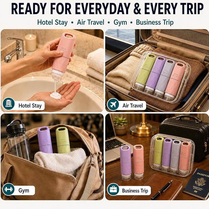 Travel Bottles for Toiletries, TSA Approved 3oz Leak Proof Silicone Travel Size Containers with Cross-Valve Cap, Refillable Bottles with Labels & Clear Bag for Shampoo, Body Wash(4 Pack-Pink) - Image 6
