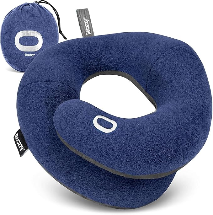 BCOZZY Travel Neck Pillow for Airplane – Patented Double Support for Head, Neck, and Chin. Best for Long Flights, Plane Sleeping, and Car Rides. Adjustable Size. Fully Washable. Carry Bag. Large, Navy by BCOZZY