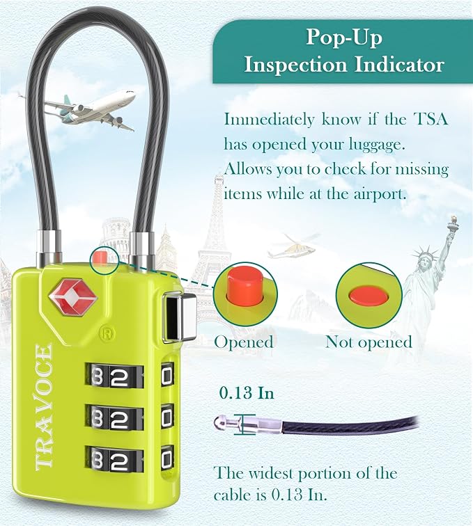 TSA Approved Luggage Locks, Combination Cable Locks, 2 Pack, Lime | Search Alert shows TSA key access; resettable 3-digit code and flexible braided steel cable for suitcases and backpacks. - Image 4