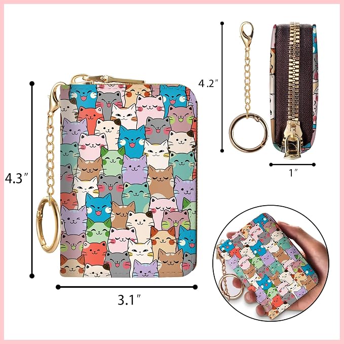 Blusabaca RFID Credit Card Holder Small Women Travel Wallet, Cute Cats | Removable Keychain, Case with Zipper, Vegan PU Leather, Cash Coin Pocket, Business Accordion Purse, Ladies Female Gift - Image 4