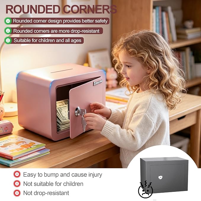 Pink Safe Kids Safe Mini Safes for Kids Small Safes for Home Dorm Safety Box for Money Cash Documents Mini Lock Box with Key Pink Portable (0.23 cubic feet) - Image 7