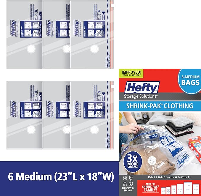 Hefty Shrink-Pak Vacuum Storage Bags - Space Saver for Under Bed Storage, Clothing and Comforters, 3X More Storage Space, 6 Medium Zipper Bags - Image 6