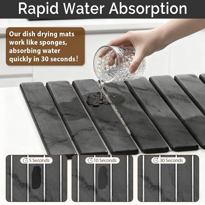Large Stone Dish Drying Mat for Kitchen Counter, Quick Dry Stone Dishes Mats, Foldable Water Absorbing Diatomaceous Drying Pad for Countertop Bottles Utensils Cups Bathroom (Dark Gray 24"x16") - Image 3