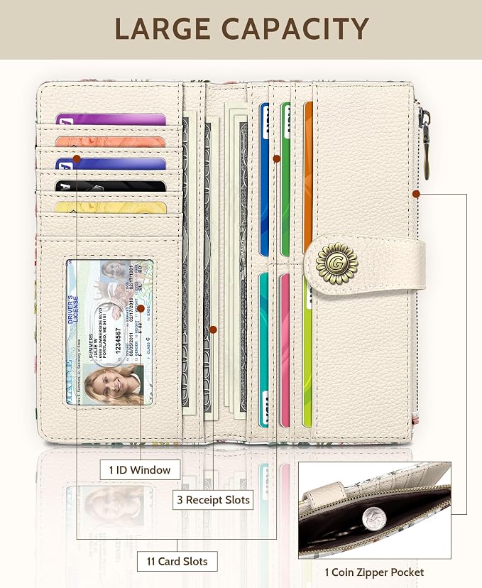 GIANCOMICS Flower Wildflower Womens Wallet RFID, Credit Card Holder Bifold | Billfold, Cute Cash Purse, Travel Zipper Coin Pocket, Compact Clutch, PU Leather, ID Window, 11 Card Slots, Ladies Gift Woman - Image 3
