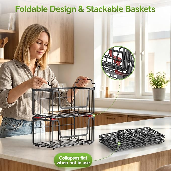 4 Pack Foldable Wire Basket for Pantry Organizers and Storage | Stackable Vegetable Fruit Basket for Kitchen Counter, Black Potato and Onion Storage Bins - Image 3