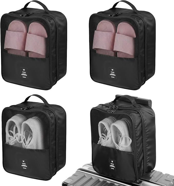 4 Pack Shoe Bags for Travel Holds 3 Pair of Shoes, Portable Shoes Storage Bag Organizer with Handle, Travel Luggage Shoe Organizer for Women Men Teenager Daily Use Storage Pouch (Black) by Unknown