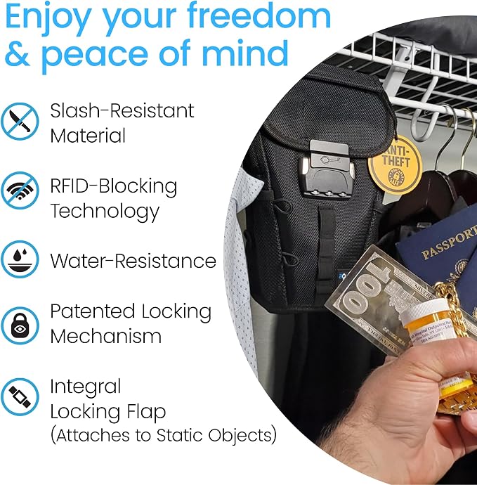 Portable Travel Safe Anti-Theft Cut-Resistant Beach Pool Lock Box | Black. Cut-resistant nylon with water resistance and RFID blocking. Secures phones and valuables at the beach, pool or hotel. - Image 6