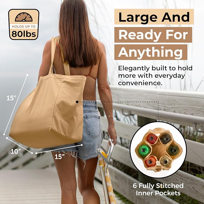 VeraMia Canvas Grocery Bag 3pc XL Set with Real Pockets, Long Shoulder Strap and Short Handle. Heavy Duty, Foldable, Washable - Image 2