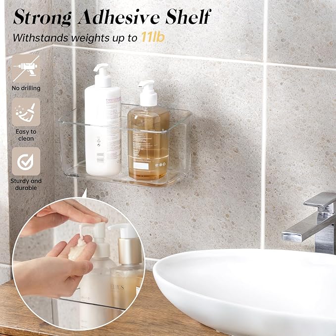 PAVSTINE 2 Pack Clear Shower Shelf, Adhesive Bathroom Shower Shelves | Wall Mounted Bathroom Shower Organizer, No Drill Shower Shelves with Self Adhesive Tape, Transparent - Image 3