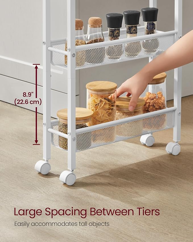 VASAGLE Slim Rolling Cart, 5-Tier Storage Cart, Narrow Cart with Handle, 5.1 Inches Deep, Metal Frame, for Kitchen, Dining Room, Living Room, Home Office, Oak Beige and Classic White ULRC034W09 - Image 6