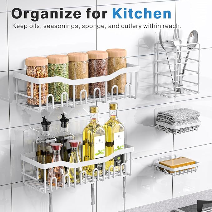 Shower Caddy 5 Pack,Adhesive Shower Organizer for Bathroom Storage&Home Decor&Kitchen,No Drilling,Large Capacity,Rustproof Stainless Steel Bathroom Organizer,Shower Shelves for Inside Shower-Larger - Image 6