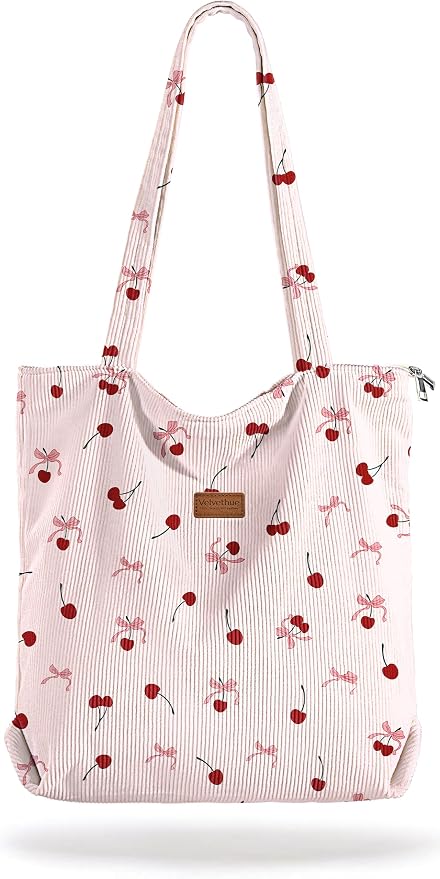 Aesthetic Corduroy Tote Bag with Zipper for Women | Reusable, Fits 14 Inch Laptop, Inner Pocket, double-sided print, Lightweight by VelvetHue
