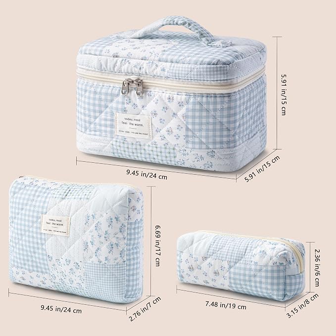 HBselect Quilted Makeup Bag, 3Pcs Cotton Large Travel Makeup Bags Organizer | Cute Floral Make up Bag Cosmetic Bag Toiletry Bag for Women Girls, Makeup Pouch for Skincare, Brushes & Travel Essentials - Image 5