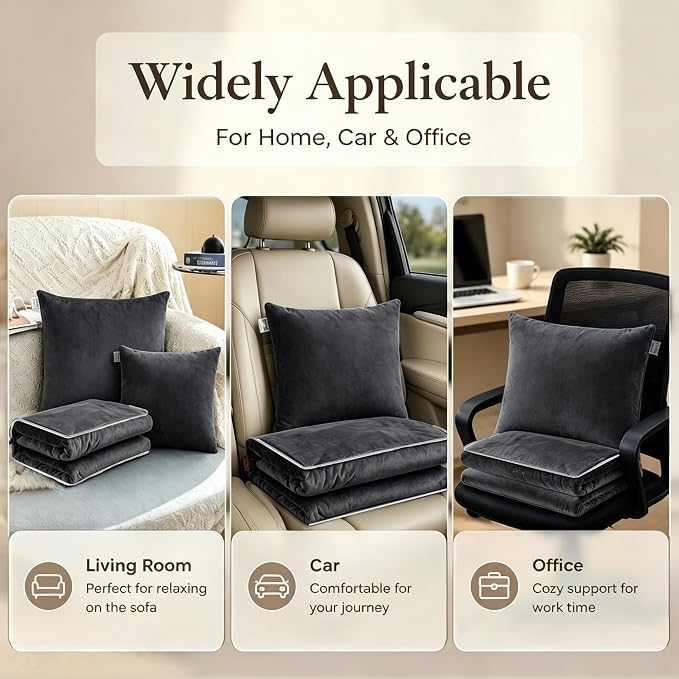 Black Pillow Blanket 2 in 1 Convertible, Soft Plush Throw Blanket, Large Warm Travel Blanket, Foldable Compact Pillow for Airplane,Car - Image 3