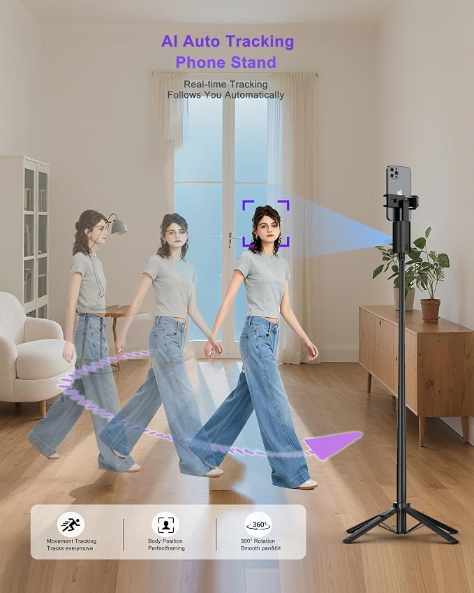59" Extendable 360° Auto Face Tracking Phone Stand with Remote and Fill Light, No App Needed, Black Tracking Tripod for iOS and Android, Ideal for Content Creators and Video Recording - Image 2