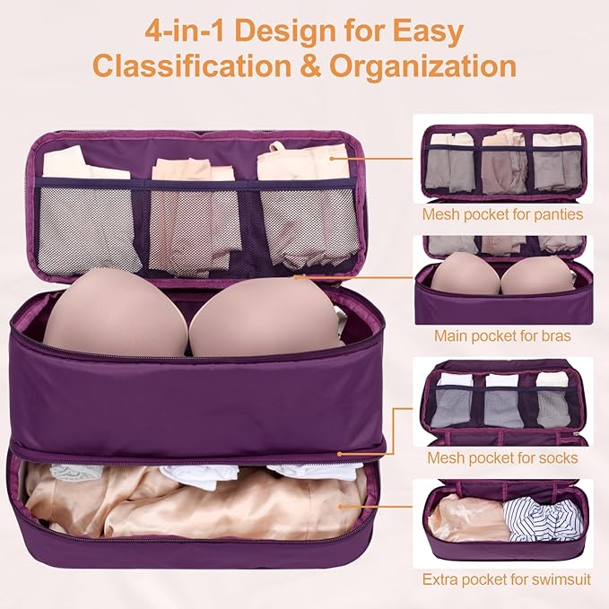 Cambond Travel Underwear Organizer Bag - Bra Organizers for Luggage | Fits A to 36D, 4-in-1 Soft Double Layer, Compression Zip Design, Expandable Compartments Keep Clothes Sorted, Luggage Tidy - Image 3